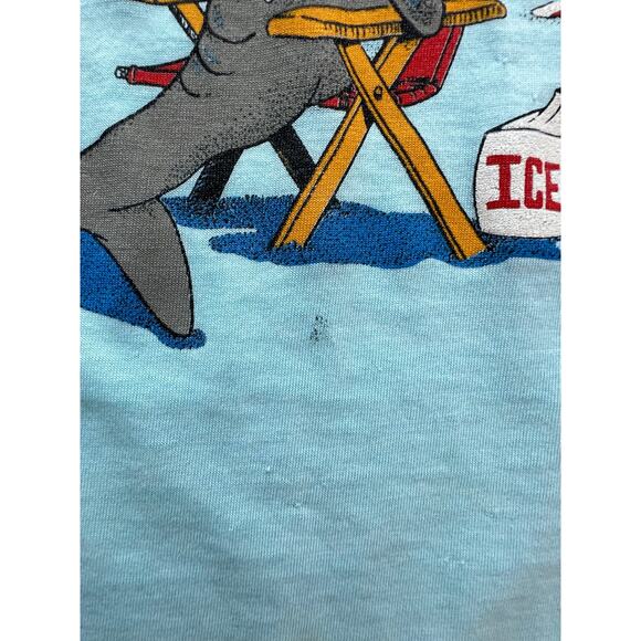 Vintage Land Shark Vacation Beach TShirt Single Stitch Summer 80s Blue Soft Thin - Picture 6 of 12